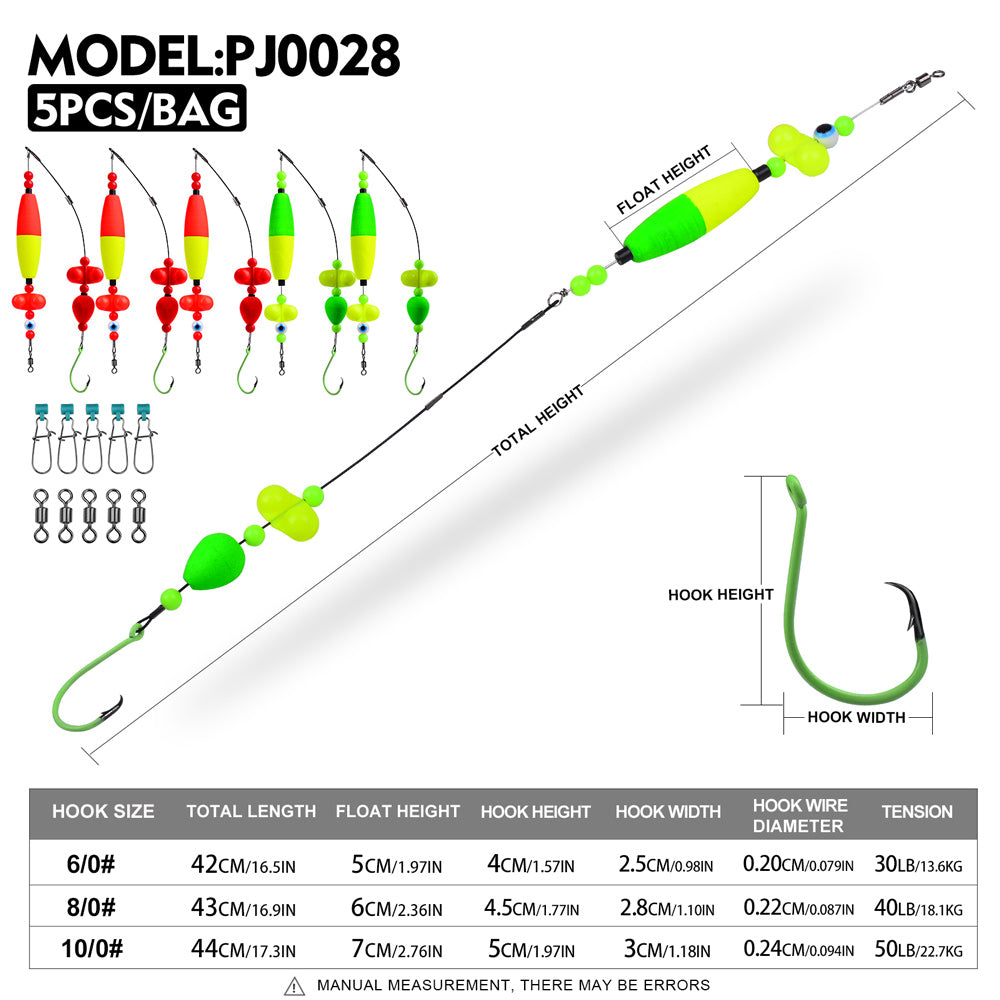 Proberos catfish rig size chart showing 6/0, 8/0, 10/0 circle hook specifications and line length