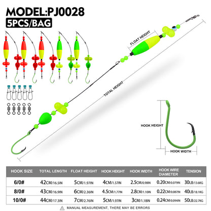 Proberos catfish rig size chart showing 6/0, 8/0, 10/0 circle hook specifications and line length
