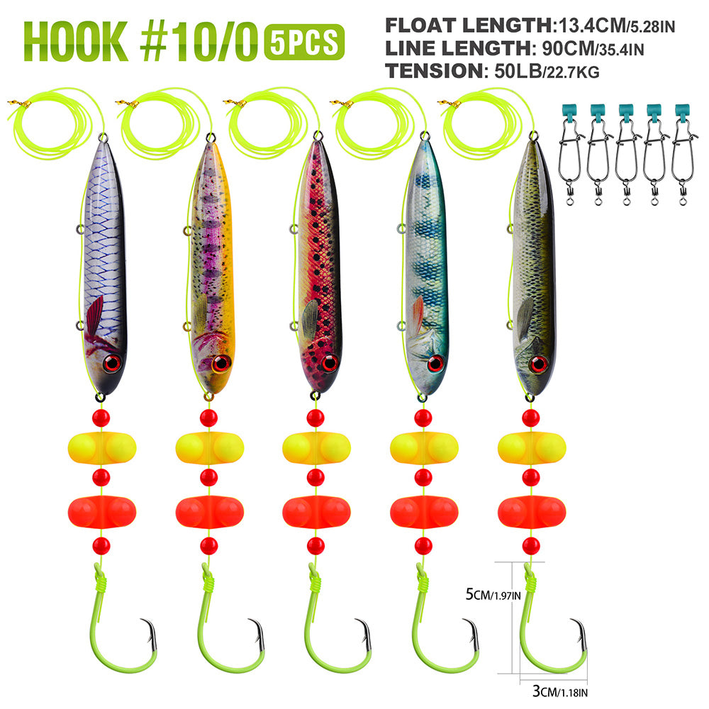 Proberos pre-tied catfish float rigs in 5 colorful fish-shaped printed pattern options 10-0