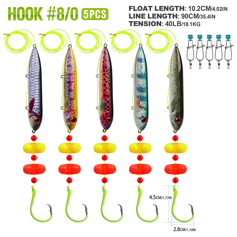 Proberos pre-tied catfish float rigs in 5 colorful fish-shaped printed pattern options 8-0