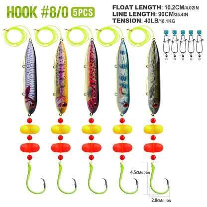 Proberos pre-tied catfish float rigs in 5 colorful fish-shaped printed pattern options 8-0