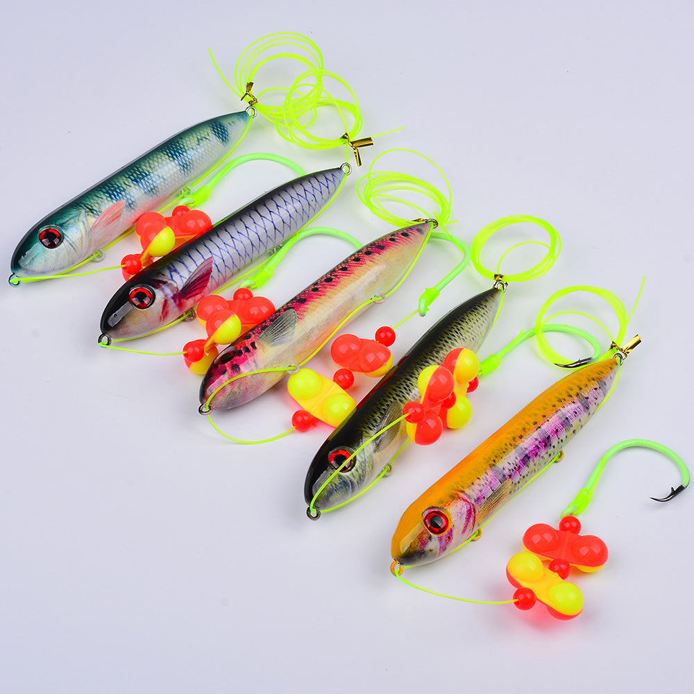 Proberos pre-tied catfish float rigs in 5 colorful fish-shaped printed pattern options