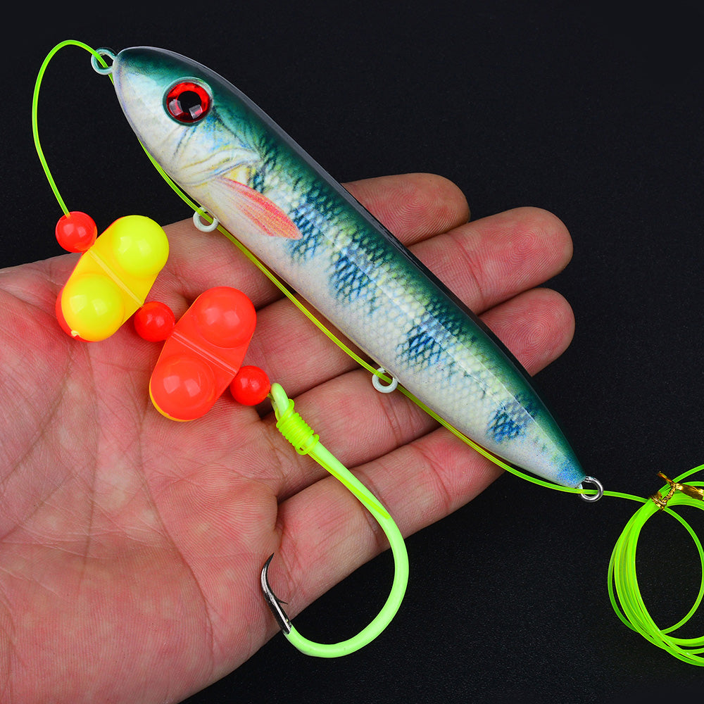 Proberos catfish float rig in green fish-printed cigar float style