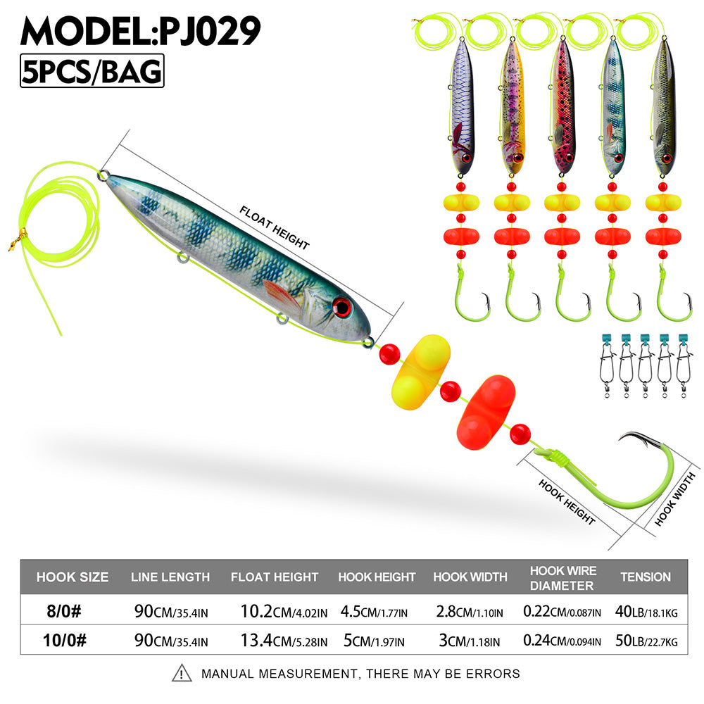 Proberos catfish rig size chart showing 8/0 and 10/0 circle hook specifications and line length