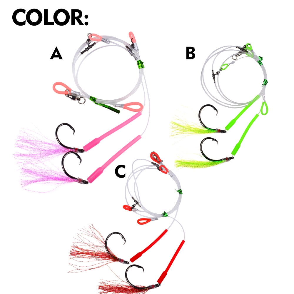 Three color variations of Proberos PJ036 wire leader assist hooks: Pink, Green, and Red options with flash skirts.