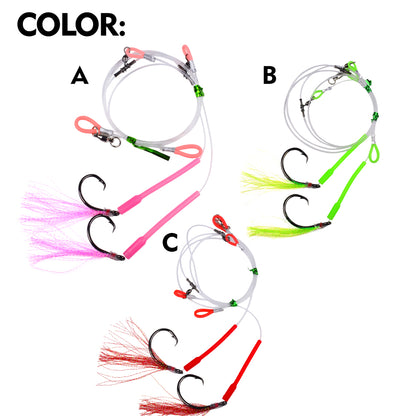 Three color variations of Proberos PJ036 wire leader assist hooks: Pink, Green, and Red options with flash skirts.