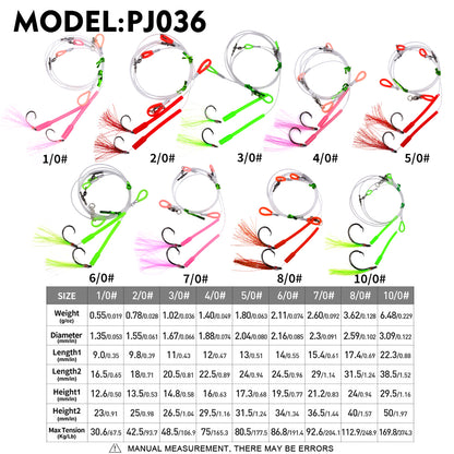 Detailed weight and size specification chart for Proberos PJ036 wire leader assist hooks from size 1/0 to 10/0.