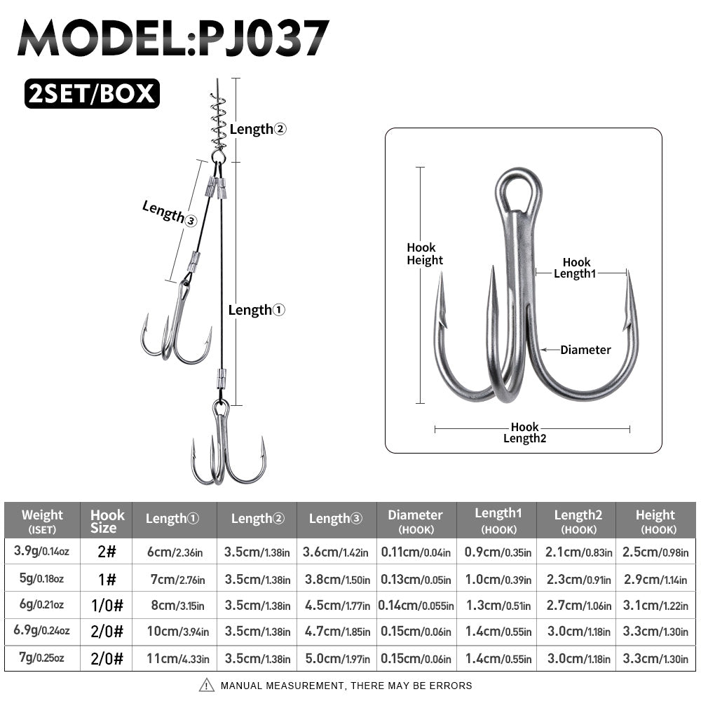PROBEROS PJ037 stinger rig size chart with hook sizes 2, 1, 1/0, 2/0 and weights