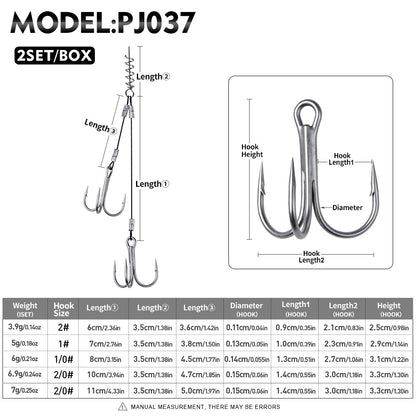 PROBEROS PJ037 stinger rig size chart with hook sizes 2, 1, 1/0, 2/0 and weights