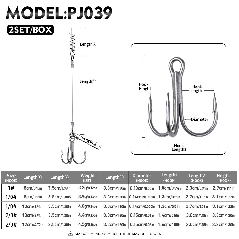 Proberos PJ039 wire leader rig treble hook size chart comparison 1# 1/0# 2/0#