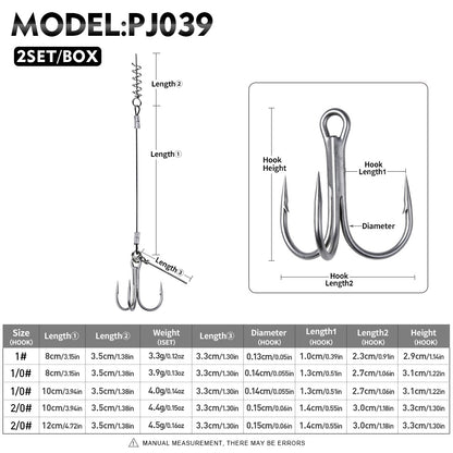 Proberos PJ039 wire leader rig treble hook size chart comparison 1# 1/0# 2/0#