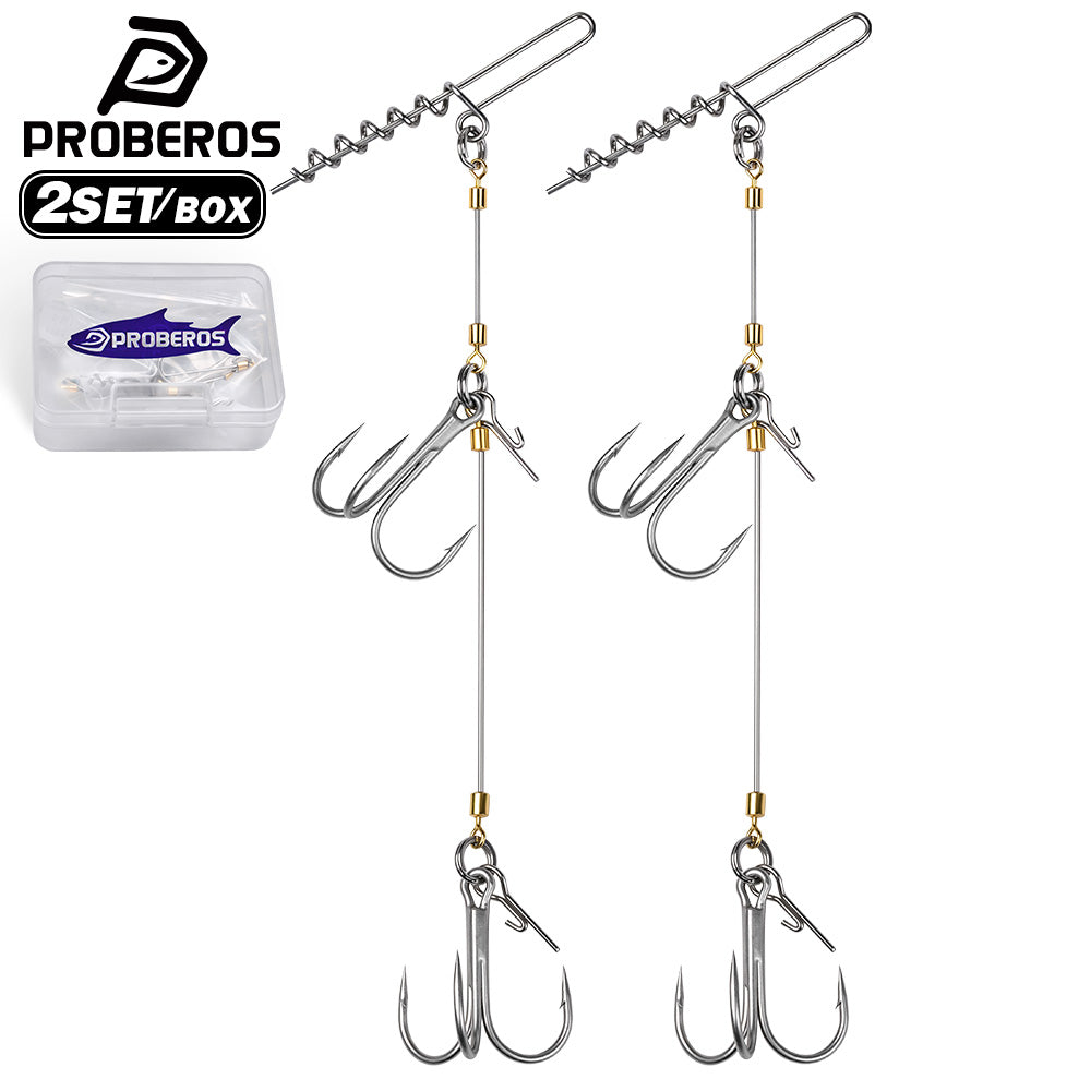 PROBEROS PJ043 Pre-Tied Double Treble Hook Stinger Rig with Long Spring Pin 2Sets Box