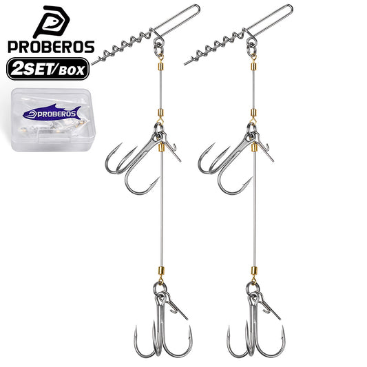 PROBEROS PJ043 Pre-Tied Double Treble Hook Stinger Rig with Long Spring Pin 2Sets Box