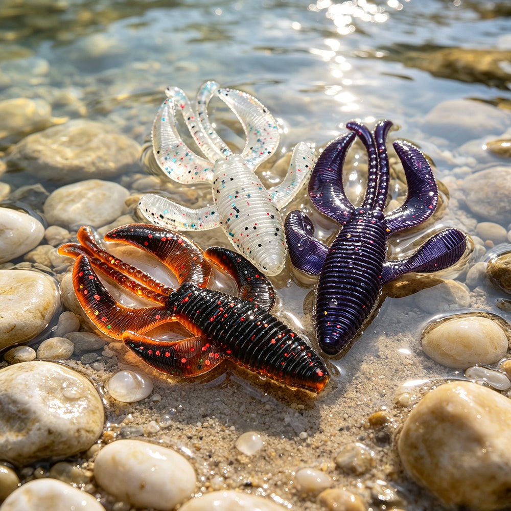 Multi‑color PROBEROS RL004 creature soft baits placed on freshwater underwater rocks