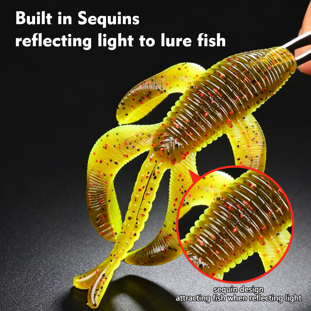 Close‑up PROBEROS RL004 soft bait built‑in sequins reflect light for texas rig bass fishing