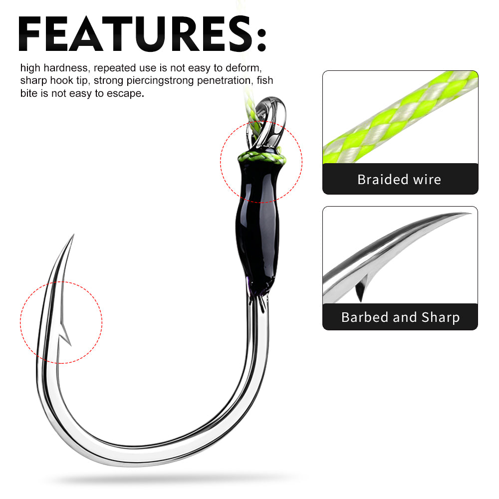 Close-up of the ultra-sharp barbed hook point and heavy duty braided assist cord on Proberos jigging hook.
