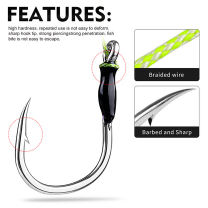 Close-up of the ultra-sharp barbed hook point and heavy duty braided assist cord on Proberos jigging hook.