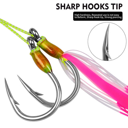Close-up of the sharp forged hook point on Proberos stainless steel saltwater vertical jigging hook.