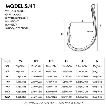 PROBEROS SJ41 stainless steel fishing hook size chart with dimensions and specs for 1/0 to 13/0