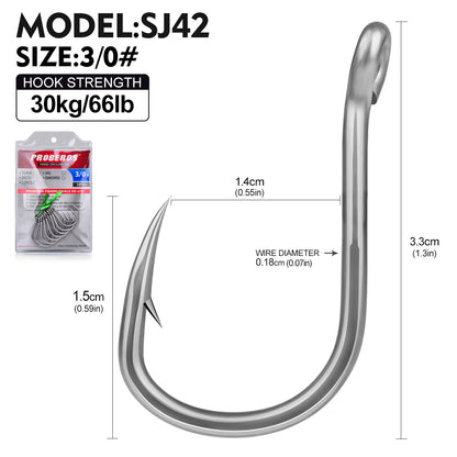 Close-up of PROBEROS SJ42 single hook showing the smooth, low-glare tin plating for saltwater corrosion resistance-2-0
