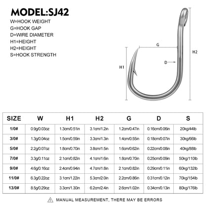 PROBEROS SJ42 stainless steel single fishing hooks available in sizes 1-0 to 13/0 for saltwater game fish
