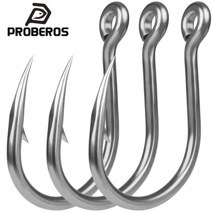 PROBEROS SJ43 stainless steel saltwater fishing hooks in sizes 1/0 to 13/0 showing tin-plated single hooks-1