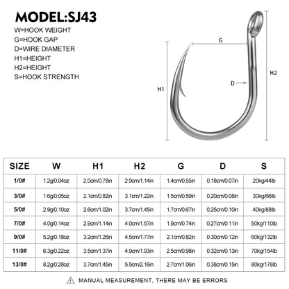 PROBEROS SJ43 stainless steel saltwater fishing hooks in sizes 1/0 to 13/0 showing tin-plated single hooks-2