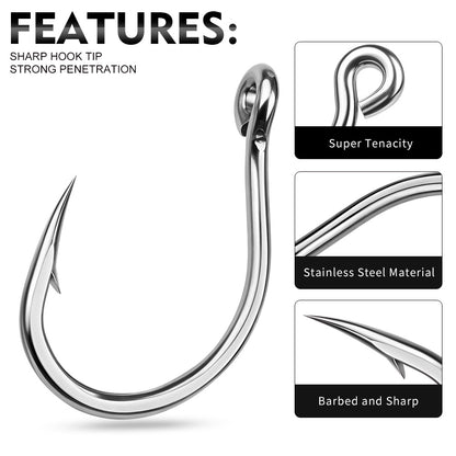 Large smooth eyelet and front back detail view of PROBEROS SJ60 offshore circle hooks