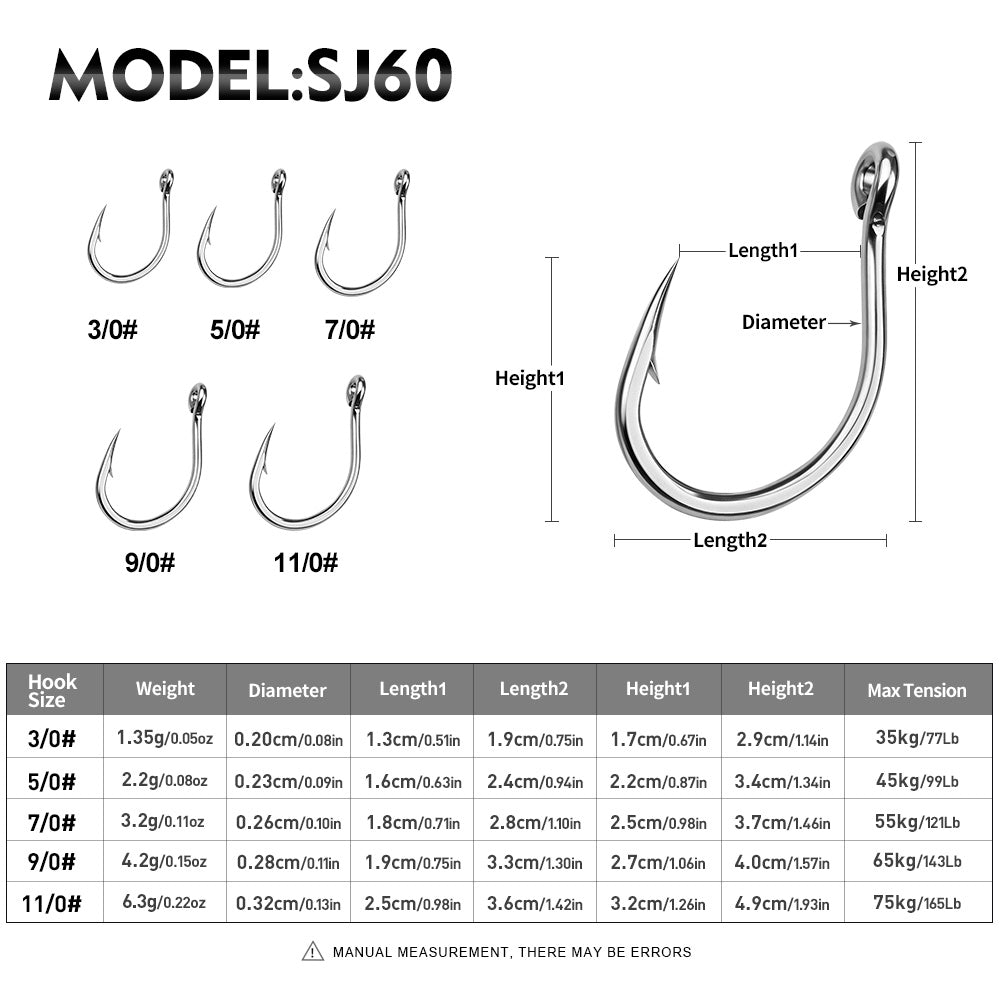 PROBEROS SJ60 circle hook size and weight specs chart from 3/0 to 11/0
