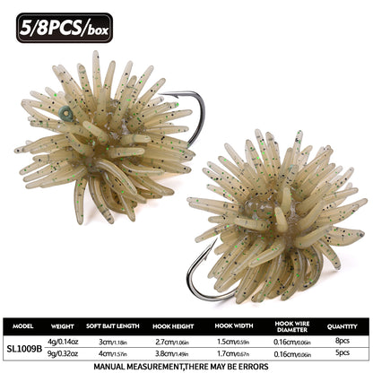 PROBEROS SL1009 Spiky Sea Urchin Pre-Rigged Soft Lure, 2 Sizes 5 Colors Soft Plastic Trout Panfish Stream Fishing Bait