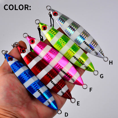 PROBEROS vertical lead jigs available in 8 holographic zebra stripe color options (Colors A to H)