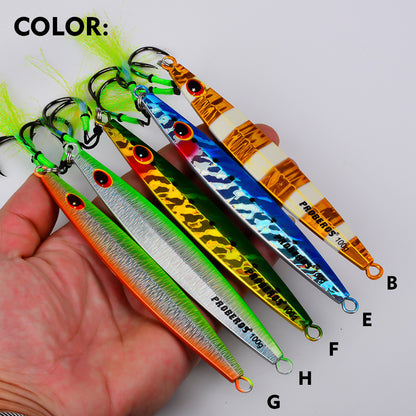 PROBEROS vertical lead jigs available in 8 holographic zebra stripe color options (Colors A to H)