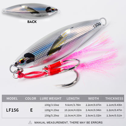 PROBEROS slow jigging lure size and weight chart showing 100g, 120g, and 150g options