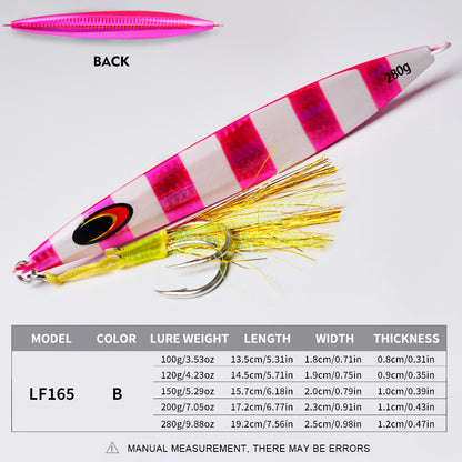 PROBEROS slow jigging lure size and weight specification chart showing 100g to 280g