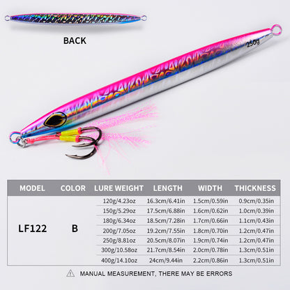 PROBEROS slow jigging lure size chart showing 120g to 400g weight and length options