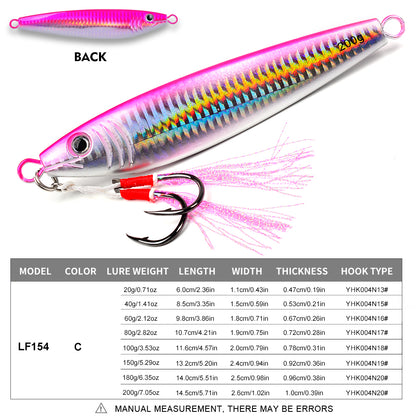 PROBEROS slow jigging lure size chart showing 20g to 200g weight and length options