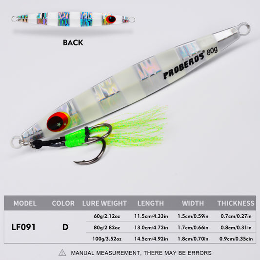 PROBEROS slow jigging lure size and weight specification chart showing 60g, 80g, and 100g