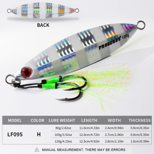 PROBEROS slow jigging lure size and weight specification chart showing 80g, 100g, and 120g