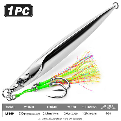 PROBEROS slow jigging lure size and weight specification chart showing 180g to 300g