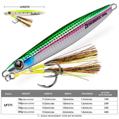 PROBEROS slow jigging lure size and weight chart showing 80g, 120g, 150g, and 200g options