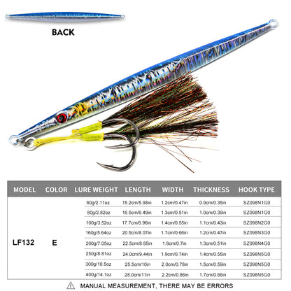 Size and Weight Specification Chart for PROBEROS Slow Jigging Lures 60g to 400g