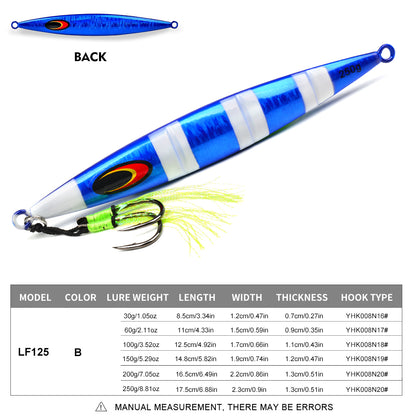 PROBEROS slow jigging lure size chart showing 30g to 250g weight and length options
