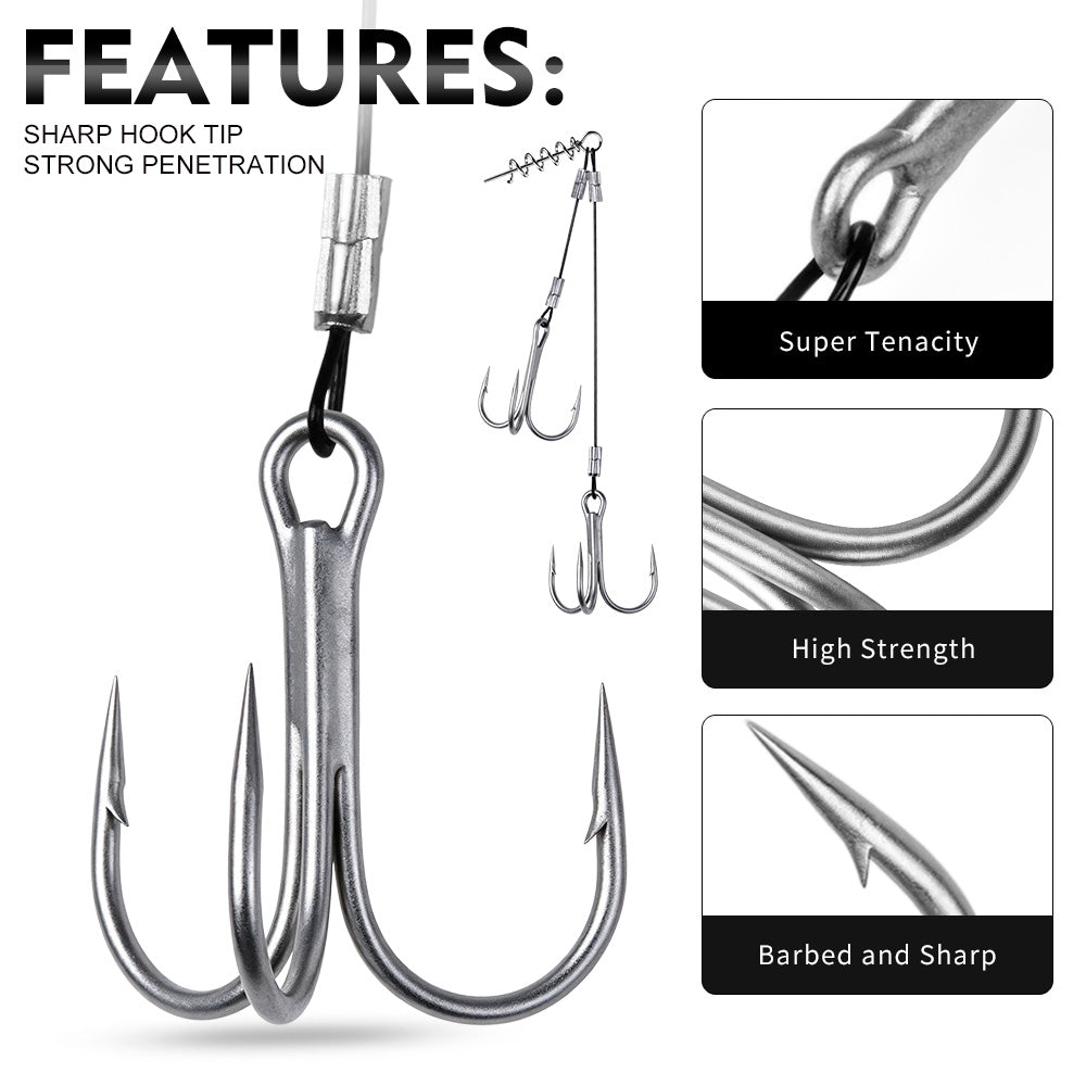 Features diagram of PROBEROS stinger rig showing spring twist lock and sharp treble hooks