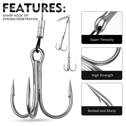 Features diagram of PROBEROS stinger rig showing spring twist lock and sharp treble hooks