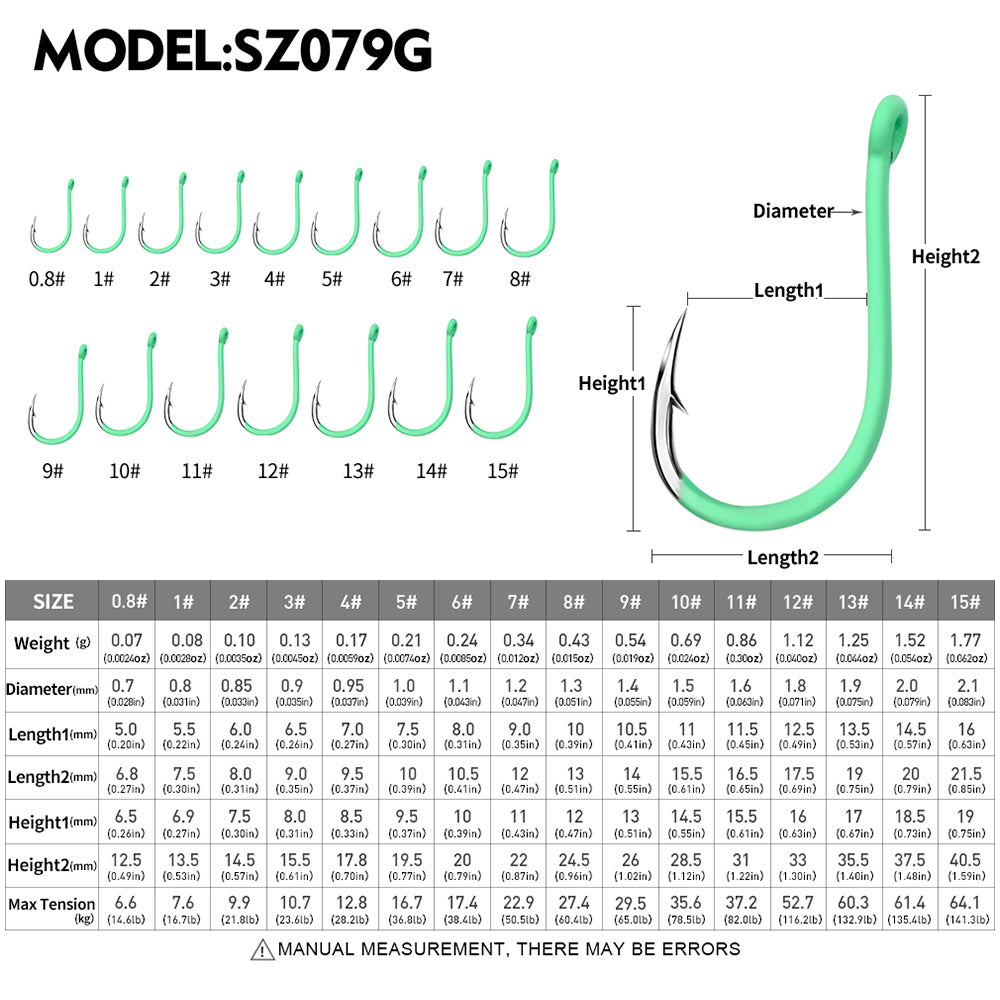 PROBEROS SZ079 Saltwater Hook Dimensions Size Chart 0.8# to 15#