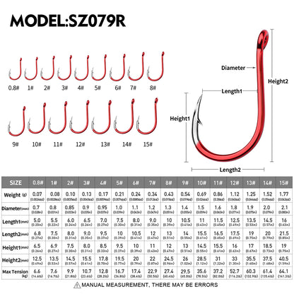 PROBEROS SZ079 Saltwater Hook Dimensions Size Chart 0.8# to 15# red