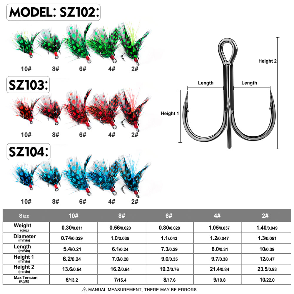 Size chart and specifications for Proberos feathered treble hooks sizes 2 4 6 8 10