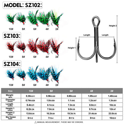 Size chart and specifications for Proberos feathered treble hooks sizes 2 4 6 8 10