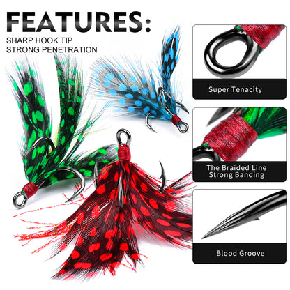 Sharp barbed point and corrosion resistant treble hook with spotted feather tail