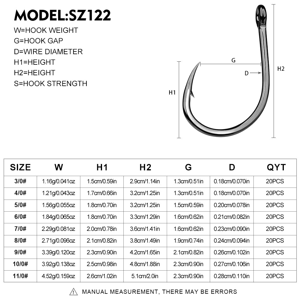 PROBEROS SZ122 saltwater fishing hooks size chart and specs from 3/0# to 11/0#